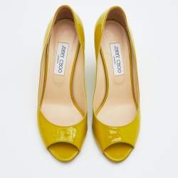 Pre Owned Jimmy Choo Citrine Patent Leather Bello Peep Toe Wedge Pumps Size 39