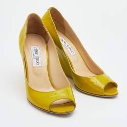 Pre Owned Jimmy Choo Citrine Patent Leather Bello Peep Toe Wedge Pumps Size 39