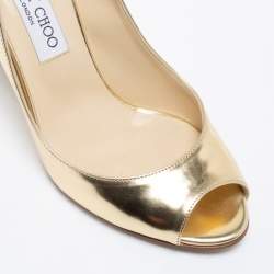 Pre Owned Jimmy Choo Gold Leather Baxen Peep-Toe Wedge Pumps Size 37.5