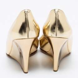 Pre Owned Jimmy Choo Gold Leather Baxen Peep-Toe Wedge Pumps Size 37.5