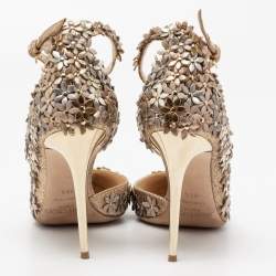Pre Owned Jimmy Choo Gold Glitter Floral Embellished Ankle Strap Pumps Size 38.5