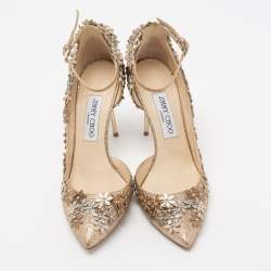 Pre Owned Jimmy Choo Gold Glitter Floral Embellished Ankle Strap Pumps Size 38.5