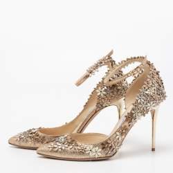 Pre Owned Jimmy Choo Gold Glitter Floral Embellished Ankle Strap Pumps Size 38.5