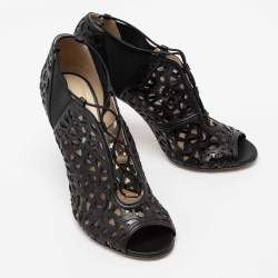 Pre Owned Jimmy Choo Black Laser-Cut Patent and Leather Tactic Ankle Booties Size 40