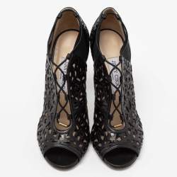 Pre Owned Jimmy Choo Black Laser-Cut Patent and Leather Tactic Ankle Booties Size 40