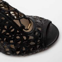 Pre Owned Jimmy Choo Black Laser-Cut Patent and Leather Tactic Ankle Booties Size 40