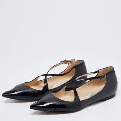 Pre Owned Jimmy Choo Black Patent and Leather Gamble Crisscross Ballet Flats Size 38.5