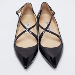 Pre Owned Jimmy Choo Black Patent and Leather Gamble Crisscross Ballet Flats Size 38.5