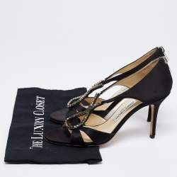 مملوكة مسبقًا Jimmy Choo Black Satin Crystal Embellished Open Toe Sandals Size 39.5