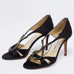 مملوكة مسبقًا Jimmy Choo Black Satin Crystal Embellished Open Toe Sandals Size 39.5