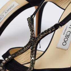 مملوكة مسبقًا Jimmy Choo Black Satin Crystal Embellished Open Toe Sandals Size 39.5