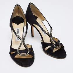 مملوكة مسبقًا Jimmy Choo Black Satin Crystal Embellished Open Toe Sandals Size 39.5