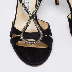 مملوكة مسبقًا Jimmy Choo Black Satin Crystal Embellished Open Toe Sandals Size 39.5