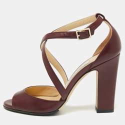 Pre Owned Jimmy Choo Burgundy Leather Emily Open Toe Ankle Strap Sandals Size 36
