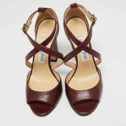 Pre Owned Jimmy Choo Burgundy Leather Emily Open Toe Ankle Strap Sandals Size 36