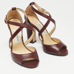 Pre Owned Jimmy Choo Burgundy Leather Emily Open Toe Ankle Strap Sandals Size 36