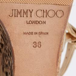 Pre Owned Jimmy Choo Gold Leather Laser Cut Cork Wedge Sandals Size 36