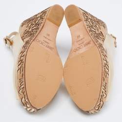 Pre Owned Jimmy Choo Gold Leather Laser Cut Cork Wedge Sandals Size 36