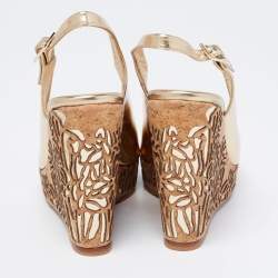 Pre Owned Jimmy Choo Gold Leather Laser Cut Cork Wedge Sandals Size 36