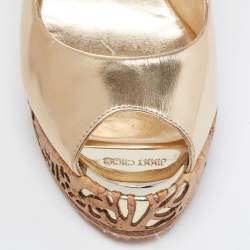 Pre Owned Jimmy Choo Gold Leather Laser Cut Cork Wedge Sandals Size 36