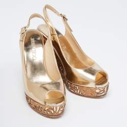 Pre Owned Jimmy Choo Gold Leather Laser Cut Cork Wedge Sandals Size 36