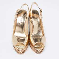 Pre Owned Jimmy Choo Gold Leather Laser Cut Cork Wedge Sandals Size 36