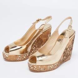 Jimmy Choo Gold Leather Laser Cut Cork Wedge Sandals Size 36