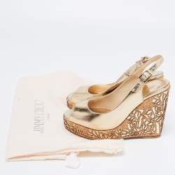 Pre Owned Jimmy Choo Gold Leather Laser Cut Cork Wedge Sandals Size 36