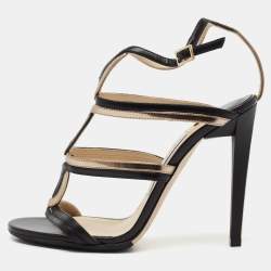 Pre Owned Jimmy Choo Black/Gold Leather Strappy Sandals Size 36