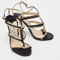 Pre Owned Jimmy Choo Black/Gold Leather Strappy Sandals Size 36