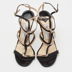Pre Owned Jimmy Choo Black/Gold Leather Strappy Sandals Size 36