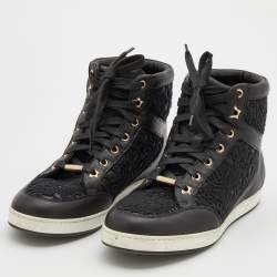 Jimmy Choo Black Lace and Leather Tokyo High Top Sneakers Size