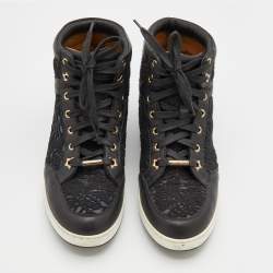 Pre Owned Jimmy Choo Black Lace and Leather Tokyo High Top Sneakers Size 36.5