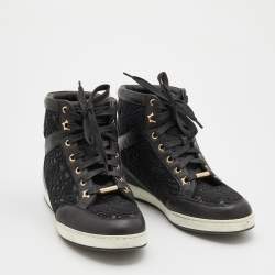 Pre Owned Jimmy Choo Black Lace and Leather Tokyo High Top Sneakers Size 36.5
