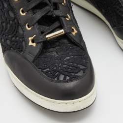 Pre Owned Jimmy Choo Black Lace and Leather Tokyo High Top Sneakers Size 36.5