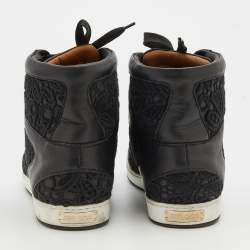 Pre Owned Jimmy Choo Black Lace and Leather Tokyo High Top Sneakers Size 36.5