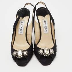 Pre Owned Jimmy Choo Black Satin Crystal Embellished Slingback Sandals Size 38
