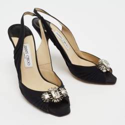 Pre Owned Jimmy Choo Black Satin Crystal Embellished Slingback Sandals Size 38