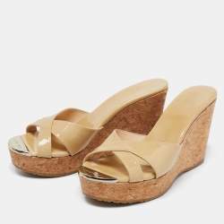 Pre Owned Jimmy Choo Beige Patent Leather Cork Wedge Sandals Size 37.5