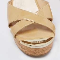 Pre Owned Jimmy Choo Beige Patent Leather Cork Wedge Sandals Size 37.5