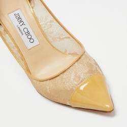 مملوكة مسبقًا Jimmy Choo Beige/Yellow Lace and Patent Leather Pointed Toe Pumps Size 37