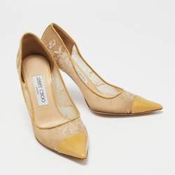 مملوكة مسبقًا Jimmy Choo Beige/Yellow Lace and Patent Leather Pointed Toe Pumps Size 37