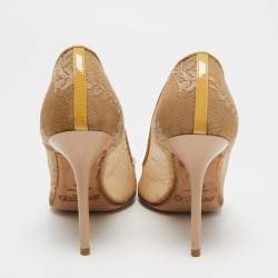 مملوكة مسبقًا Jimmy Choo Beige/Yellow Lace and Patent Leather Pointed Toe Pumps Size 37