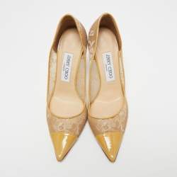مملوكة مسبقًا Jimmy Choo Beige/Yellow Lace and Patent Leather Pointed Toe Pumps Size 37