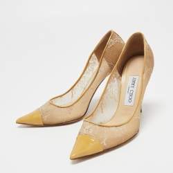 مملوكة مسبقًا Jimmy Choo Beige/Yellow Lace and Patent Leather Pointed Toe Pumps Size 37