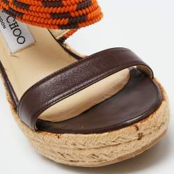 Pre Owned Jimmy Choo Burgundy/Orange Leather and Woven Raffia Cross Strap Espadrille Wedge Sandals Size 37
