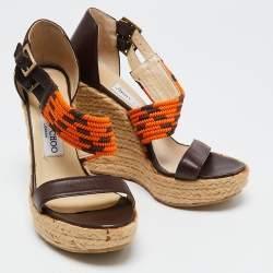 Pre Owned Jimmy Choo Burgundy/Orange Leather and Woven Raffia Cross Strap Espadrille Wedge Sandals Size 37