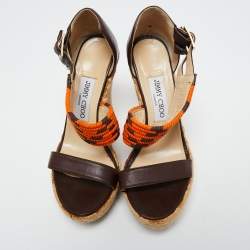 Pre Owned Jimmy Choo Burgundy/Orange Leather and Woven Raffia Cross Strap Espadrille Wedge Sandals Size 37
