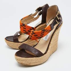 Pre Owned Jimmy Choo Burgundy/Orange Leather and Woven Raffia Cross Strap Espadrille Wedge Sandals Size 37