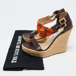 Pre Owned Jimmy Choo Burgundy/Orange Leather and Woven Raffia Cross Strap Espadrille Wedge Sandals Size 37